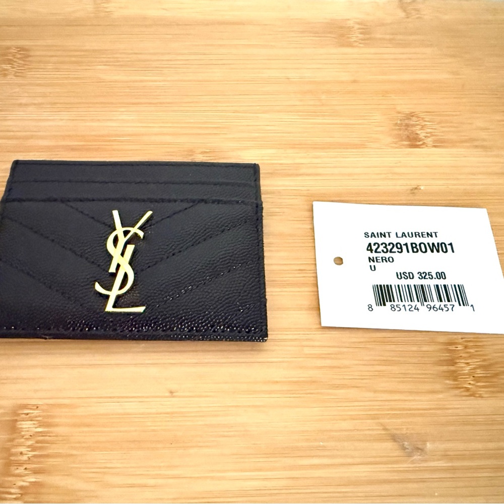 Saint Laurent Nero Card Holder with Gold Logo NWT